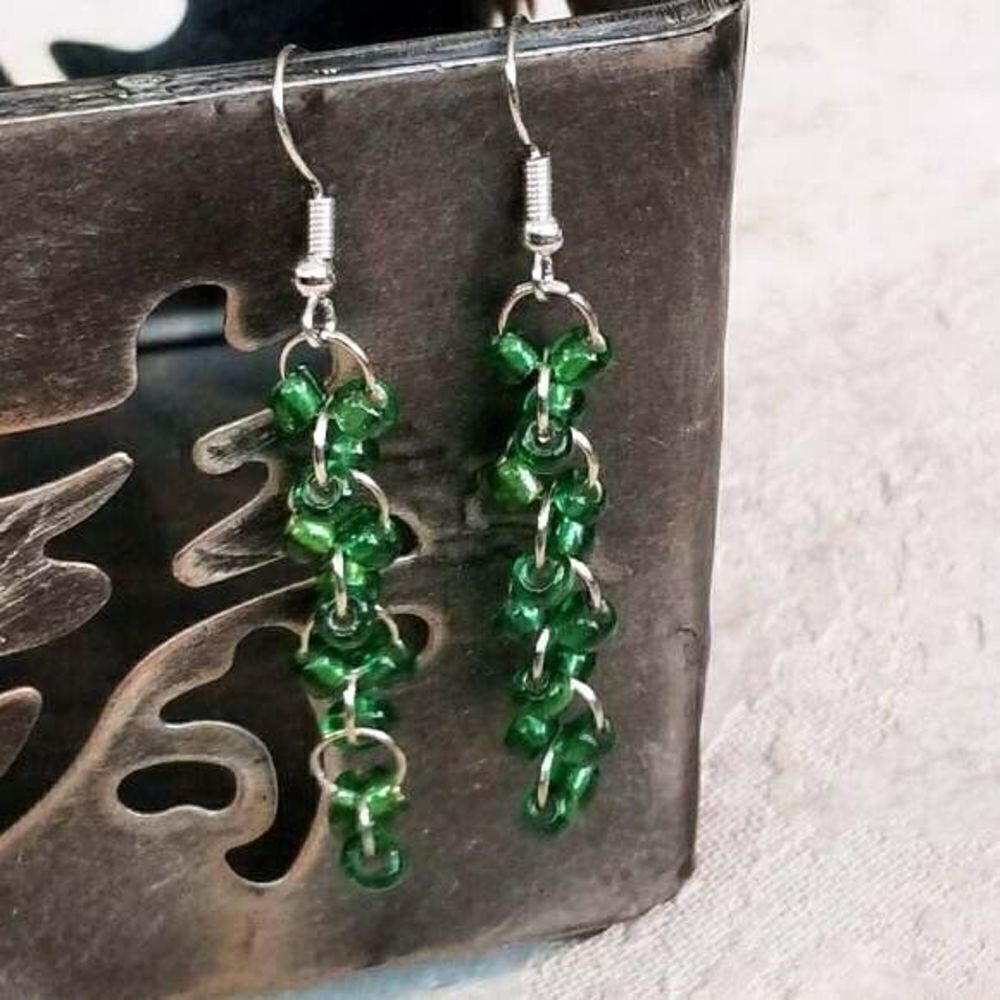 Handcrafted Glass Bead Cascade Drops Dangle Earrings Green and Silver